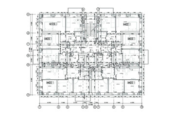 Multistory building detailed architectural technical drawing, vector blueprint floor layout
