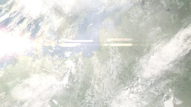 Earth zoom in from outer space to city. Zooming on Kaliningrad, Russia. The animation continues by zoom out through clouds and atmosphere into space. Images from NASA