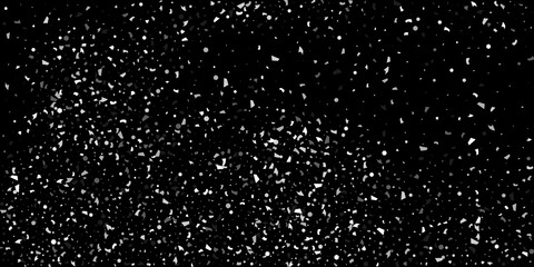 Silver confetti point on a black background. Luxury festive background. Silver grainy abstract texture overflows against a black background. Element of design. Vector illustration, EPS 10.
