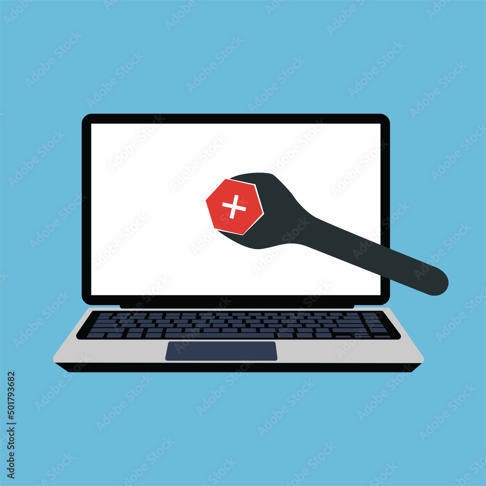 Poster Fixing hardware or software on laptop concept vector. Wrench fixing computer program. Fixing computer bug or error with a mechanic wrench flat illustration vector. Repair and maintenance services.