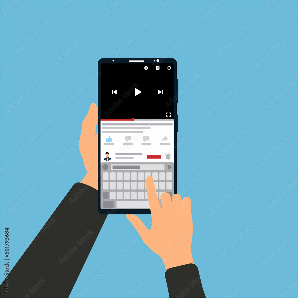 Poster writing comment for an online video on smartphone vector. hand holding mobile phone and watching onl