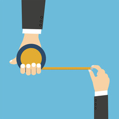 Fototapeta premium Measuring tape vector on a human hand flat illustration. Man scaling measurement by using a measuring tape vector. Construction or repair worker scaling space with a measuring tape concept.