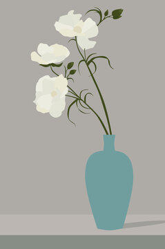 Vector flat image of a vase standing on a table with flowers. Beige flowers in a blue vase. Design for postcards, avatars, posters, backgrounds, templates, textiles.