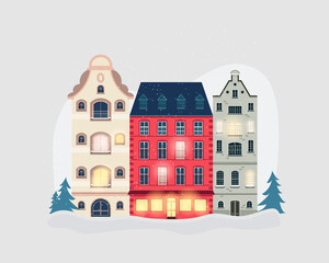 Scandinavian houses of different shapes with snow. Vector illustration