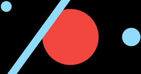 Render with minimalistic flat background with blue and red circles and dashes on black