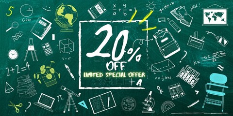 20% off limited special offer. Banner with twenty percent discount on a gren background with white square