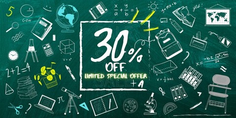 30% off limited special offer. Banner with thirty percent discount on a gren background with white square