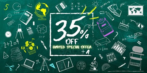 35% off limited special offer. Banner with thirty five percent discount on a gren background with white square