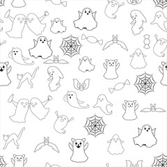 A seamless haunted pattern. Black and white ghosts in the style of doodles.