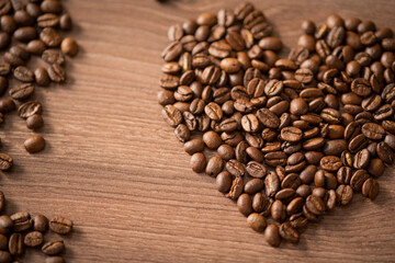 Heart shaped coffee. Roasted coffee beans heart. Coffee heart. Top view