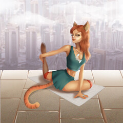 A white girl with cat ears does a stretch on the roof.