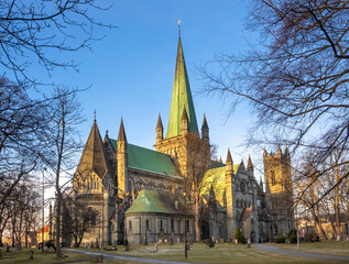 The magnificent Nidaros Cathedral (Nidarosdomen), Trondheim, Trøndelag, Norway. Built over the...