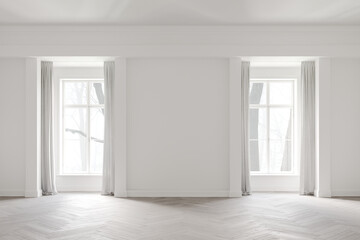 3d minimalistic white classic interior, space with a large windows and cornice on the ceiling, parquet on the floor. 3D rendering illustration mockup.	
