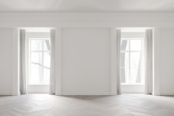 Obraz premium 3d minimalistic white classic interior, space with a large windows and cornice on the ceiling, parquet on the floor. 3D rendering illustration mockup. 