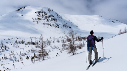 Fototapeta na wymiar Man springtime backcountry skiing in the Chics-Chocs Mountains, Quebec, Canada.