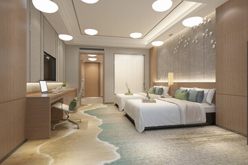 3d render. Modern hotel bedroom interior.