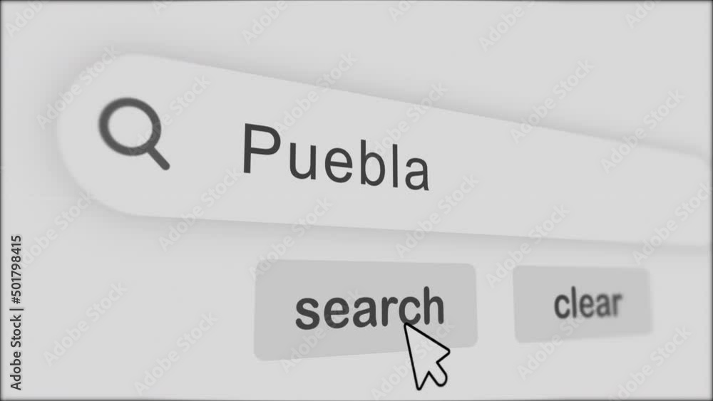 Poster puebla typing on search bar with click animation.vintage monitor screen. searching the word on inter