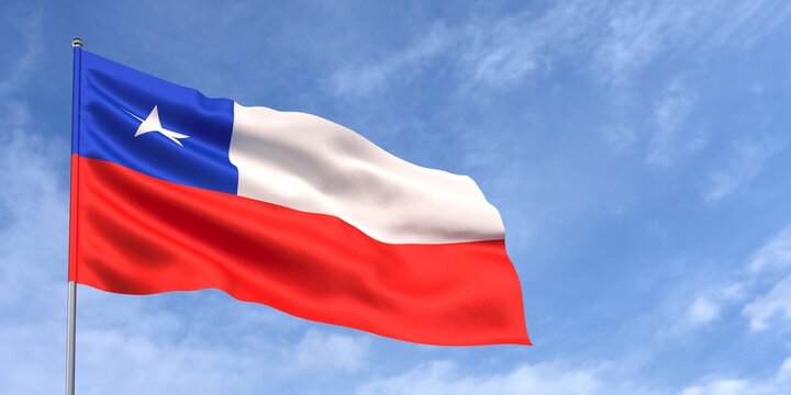 Chile flag on flagpole on blue sky background. Chilean flag waving in the wind on a background of sky with clouds. Place for text. 3d illustration.