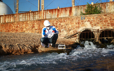 Scientist or Biologist with PPE suit check waste water train from industrial, Toxic water pollution from industrial