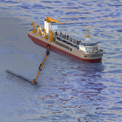 Dredger. A scheme with a cut of water and a suction pipe under water. 3d-rendering