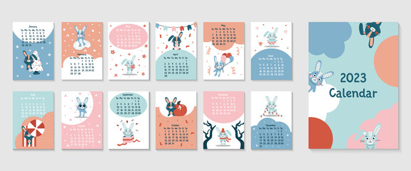 2023 vertical calendar design with cute rabbits chinese year symbol. 12 month, week start on sunday. Page template size A3, A4, A5. Vector flat illustrtion, great for kids, nursery, poster, printable