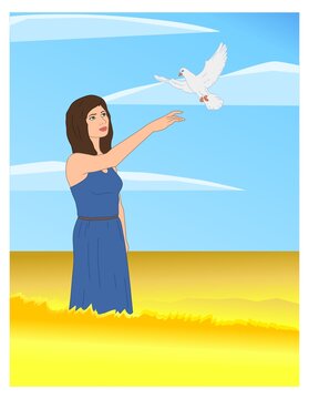 Peaceful scene. Girl in the middle of a field of spikelets and a dove that flying to the hand.
Artistic illustration.