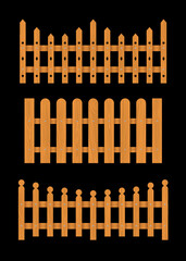 Set of brown wooden fences. Vector illustration isolated on black background