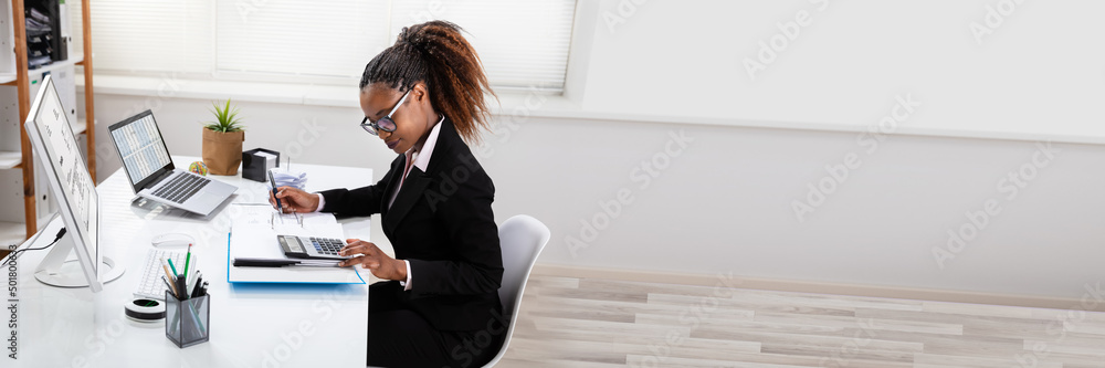 Wall mural Smiling Businesswoman Calculating Invoice On Computer - Wall murals