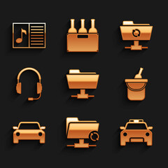 Set FTP folder, sync refresh, Police car and flasher, Bottle of wine in bucket, Car and Headphones with microphone icon. Vector