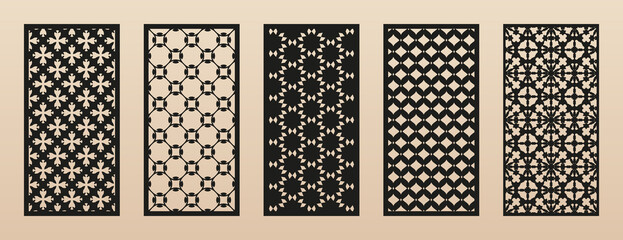 Set of laser cut patterns. Vector modern abstract geometric panels with floral ornaments, grid, lattice. Arabic style. Template for cnc cutting, decorative panels of metal, wood. Aspect ratio 1:2