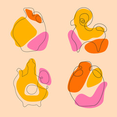 Hand drawn abstract collection ceramics. Various doodle shapes and lines ceramic art. Vector illustration isolated white background logo design elements