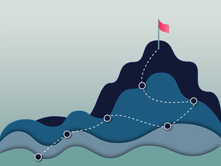 Roadmap concept with milestones. Paper cut vector illustration of mountains and red flag on mountain peak. Concept of business success and achievement