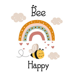 poster with cute happy bee and rainbow
