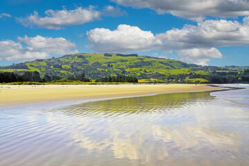 Beautiful scenic landscape with deserted empty low tide sand beach, green hill, blue sky fluffy...