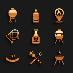 Set Ketchup bottle, Crossed fork and spatula, Barbecue grill, Sausage, Oven glove, Location with fire flame and icon. Vector