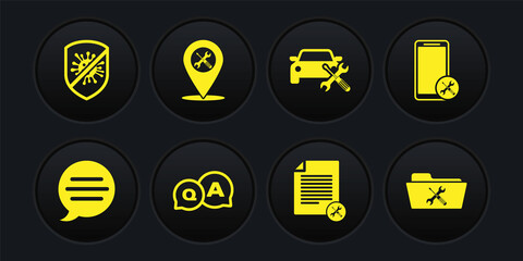 Set Speech bubble chat, Mobile service, Question and Answer, File document, Car, Location, Folder and Stop virus, bacteria icon. Vector