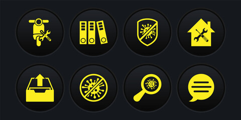 Set Upload inbox, House service, Stop virus, bacteria, Microorganisms under magnifier, Office folders, Speech bubble chat and Scooter icon. Vector