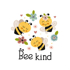 Fototapeta premium poster with cute kind bees and flowers
