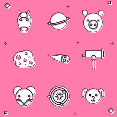 Set Horse zodiac, Planet Saturn, Pig, Asteroid, Comet falling down fast, Telescope, Rat and Solar system icon. Vector