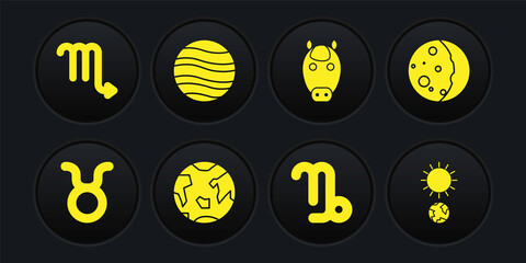 Set Taurus zodiac, Eclipse of the sun, Planet Earth, Capricorn, Horse, Jupiter, Solstice and Scorpio icon. Vector