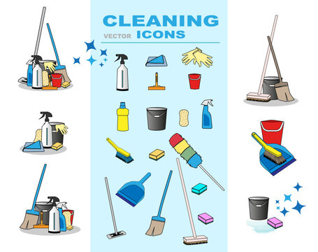 Cleaning Tools and Equipment Set of Icons for cleaning business