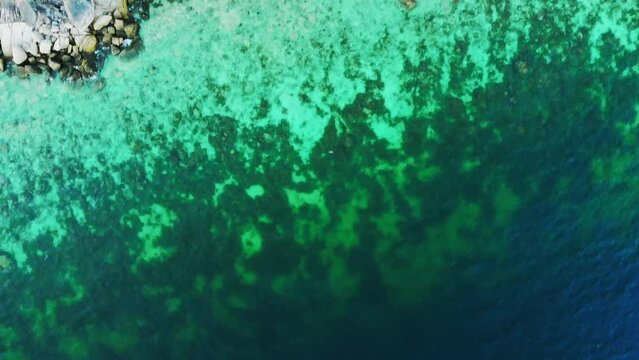 Drone footage of a turquoise sea and rocky beach.