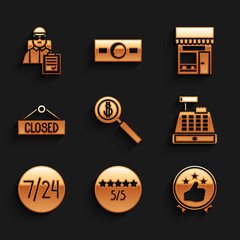 Set Magnifying glass and dollar, Cash register machine, Clock 24 hours, Hanging sign with Closed, Shopping building market store and Delivery man cardboard boxes icon. Vector