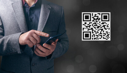 Scan QR code icon. Digital scanning qr code. man tapping on phone screen