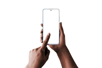 Modern white perla smart phone in woman hands. Low light, dark skin, isolated in white. Isolated screen for mockup - obrazy, fototapety, plakaty