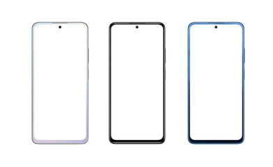 Modern smart phones in three white perla, black and blue perla colors. Isolated screen and background for mockup