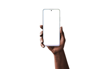 Dark skin women hand holding smart phone with isolated screen for app design presentation - obrazy, fototapety, plakaty