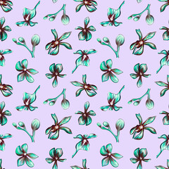 seamless Botanical pattern of an Orchid on a violet background. Beautiful Botanical illustration of orchids. Design for textiles, postcards, web