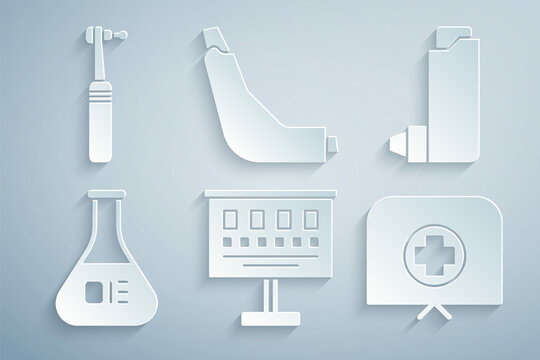 Set Eye test chart, Inhaler, Test tube and flask, Nurse hat with cross, and Tooth drill icon. Vector