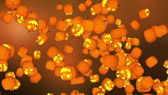 4K Stock Video of Halloween Spooky Pumpkins Flying and Falling Down 3D Animation. Rain of Pumpkin Icons on Orange Background for Autumn harvest and seasonal Thanksgiving or halloween Holiday concept